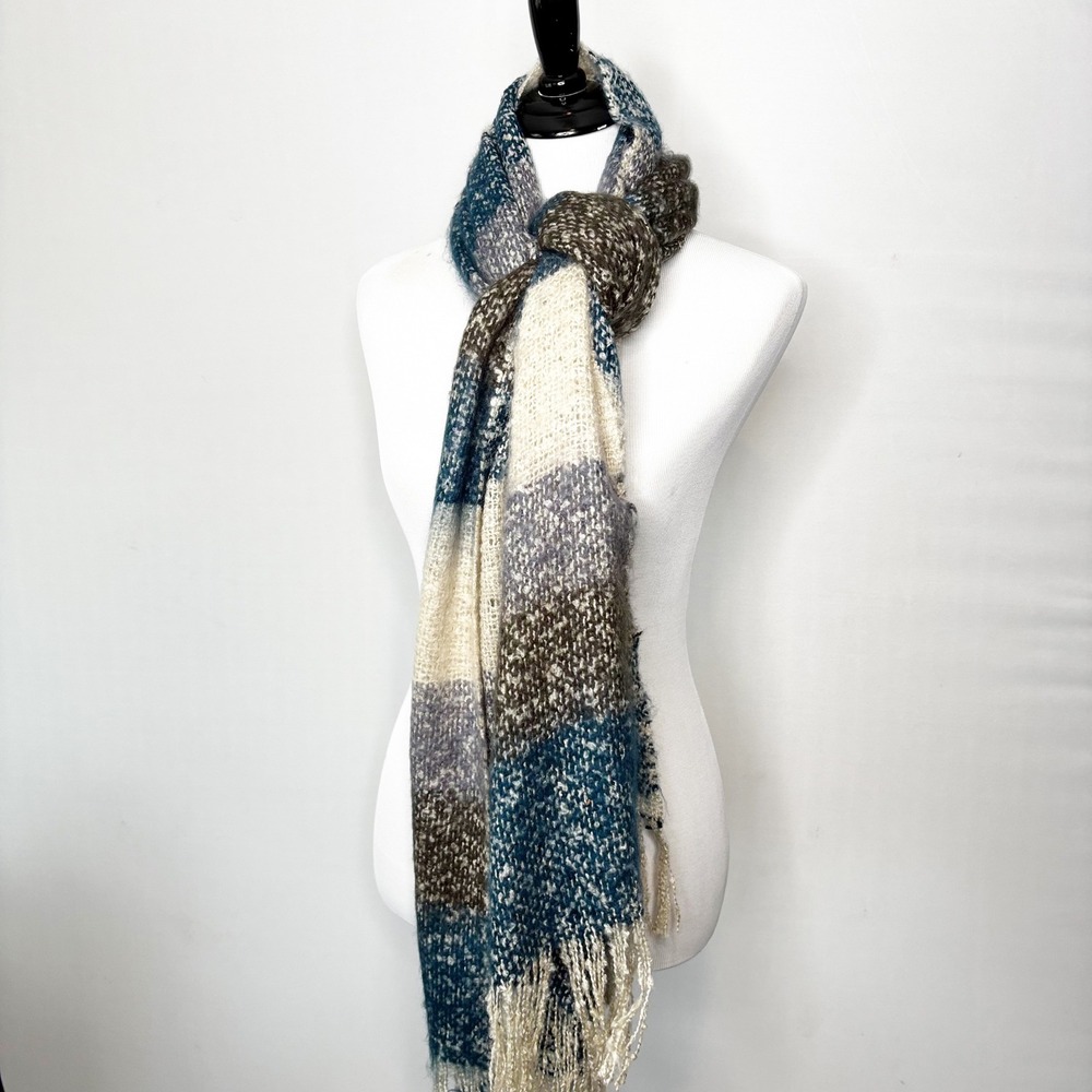 Italy Design Blue Gray Brown Striped Fringed Blanket Scarf Cashmere Feel